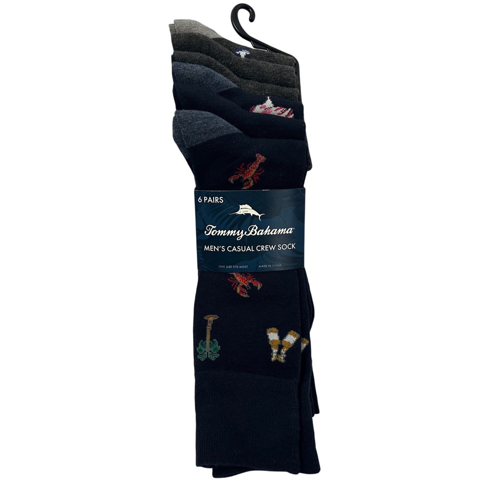 Tommy Bahama Mens 6 Pairs Casual Crew Socks One Size Lobster Palm Tree Navy Gray
